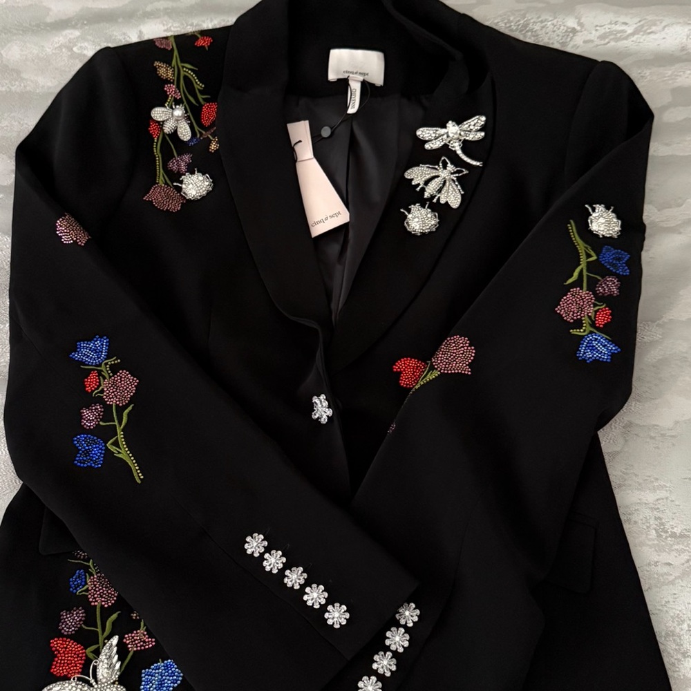 Cinq à Sept Black Blazer with Floral Embroidery
